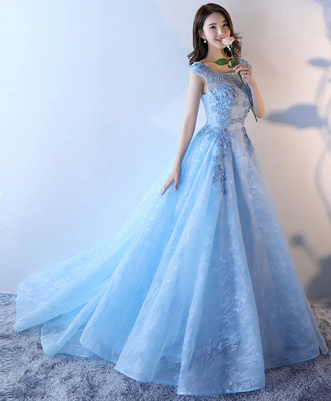 Light Blue Lace Tulle Long Prom Dress, Lace Evening Dress - Deanwangkt