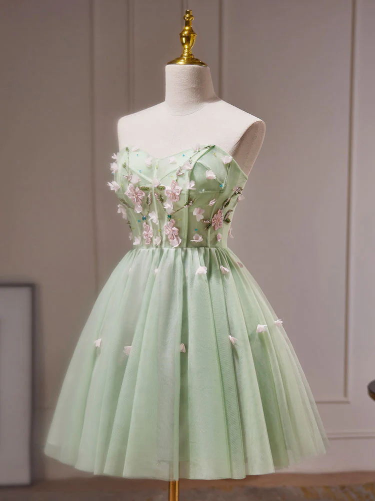 A- Line Sweetheart Neck Tulle Green Short Prom Dress, Green Homecoming Dresses - Deanwangkt
