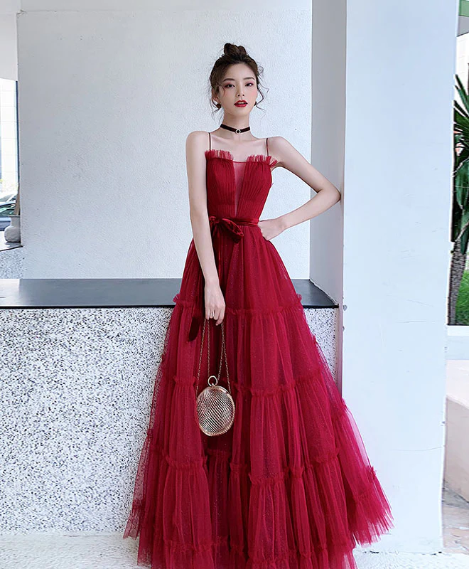 Burgundy A-Line Tulle Long Prom Dress Burgundy Tulle Formal Dress - Deanwangkt