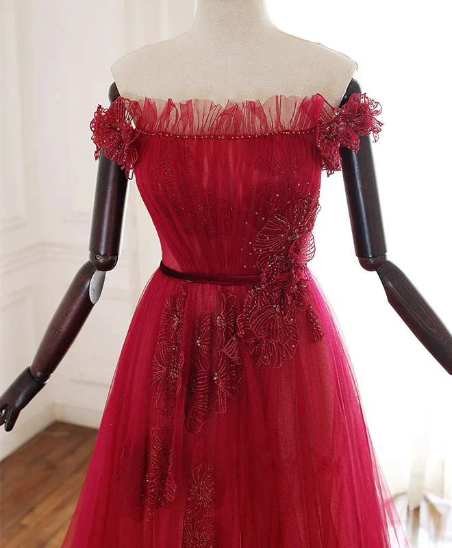 Burgundy Tulle Lace Long Prom Dress Burgundy Tulle Lace Evening Dress - Deanwangkt