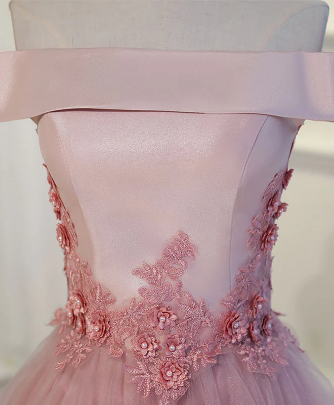 Pink A Line Off Shoulder Tea Length Prom Dress, Lace Homecoming Dresses - Deanwangkt