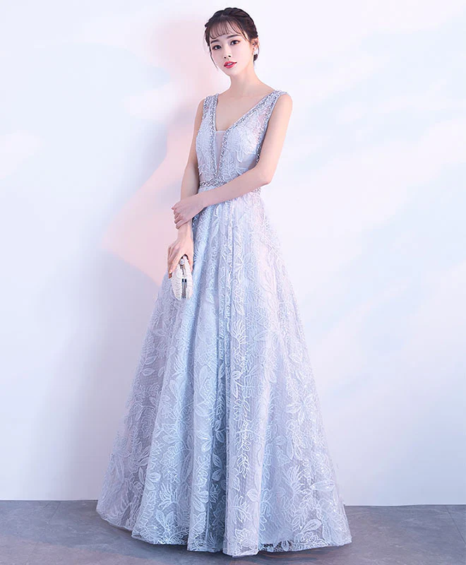 Gray V Neck Lace Long Prom Dress, Gray Evening Dress - Deanwangkt