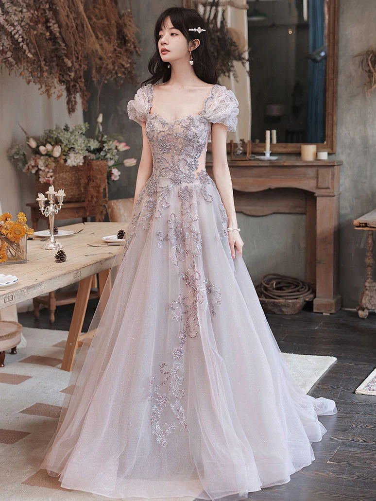 Elegant Tulle Sequin Beads Long Prom Dress Tulle Formal Dress - Deanwangkt