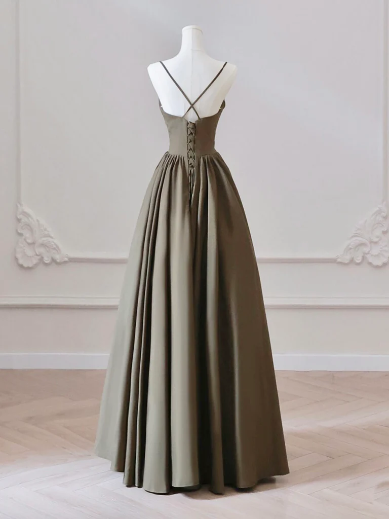 A-Line V Neck Satin Olive Green Long Prom Dress, Olive Green Long Formal Dress - Deanwangkt