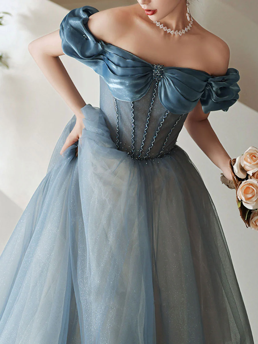 Blue Sweetheart Off Shoulder Tulle Long Prom Dress Blue Formal Dress - Deanwangkt
