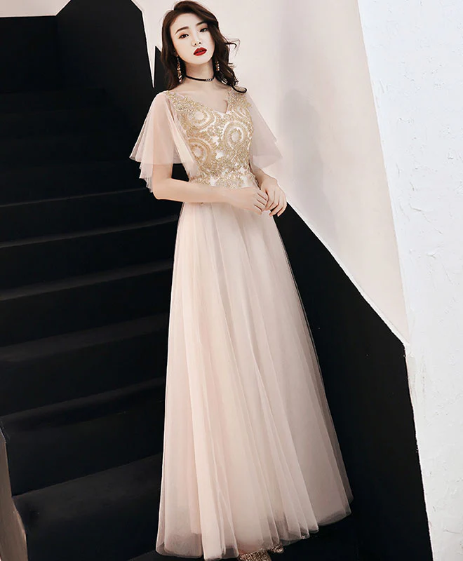 Champagne V Neck Tulle Lace Long Prom Dress Champagne Evening Dress - Deanwangkt