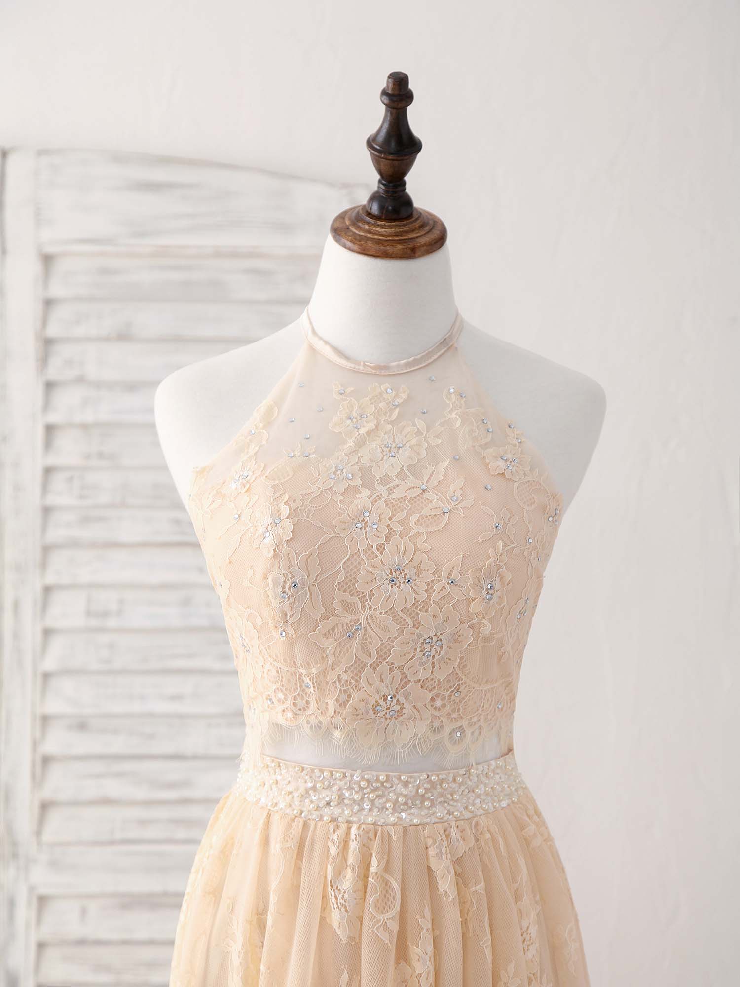 Champagne Two Pieces Lace Long Prom Dress Lace Evening Dress - Deanwangkt