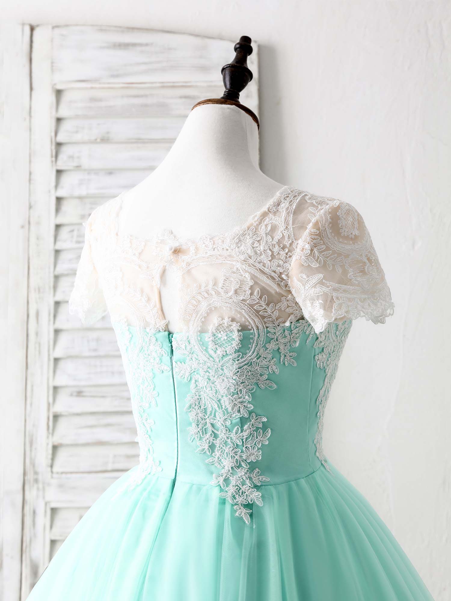 Green Round Neck Lace Applique Tulle Short Prom Dresses - Deanwangkt