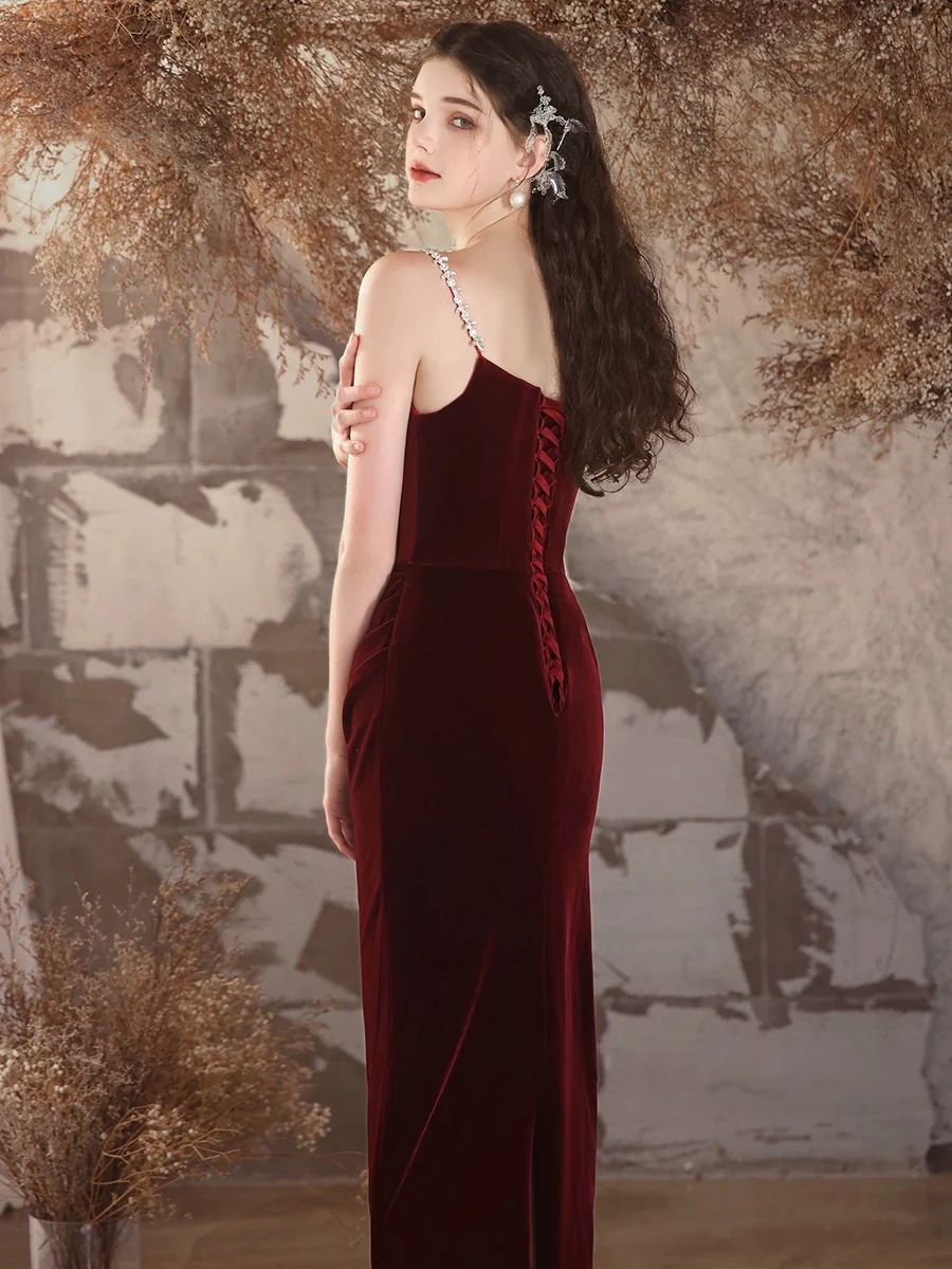 Simple Velvet Mermaid Burgundy Long Prom Dress, Burgundy Long Formal Dress - Deanwangkt