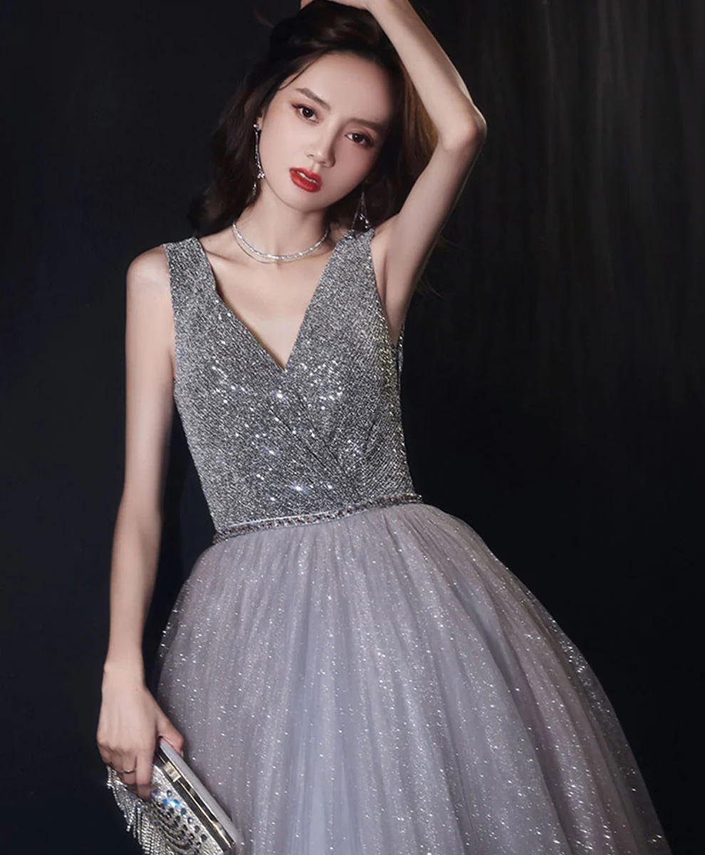 Shiny Aline Gray Tulle V Neck Sequin Long Prom Dress, Gray Formal Dress - Deanwangkt