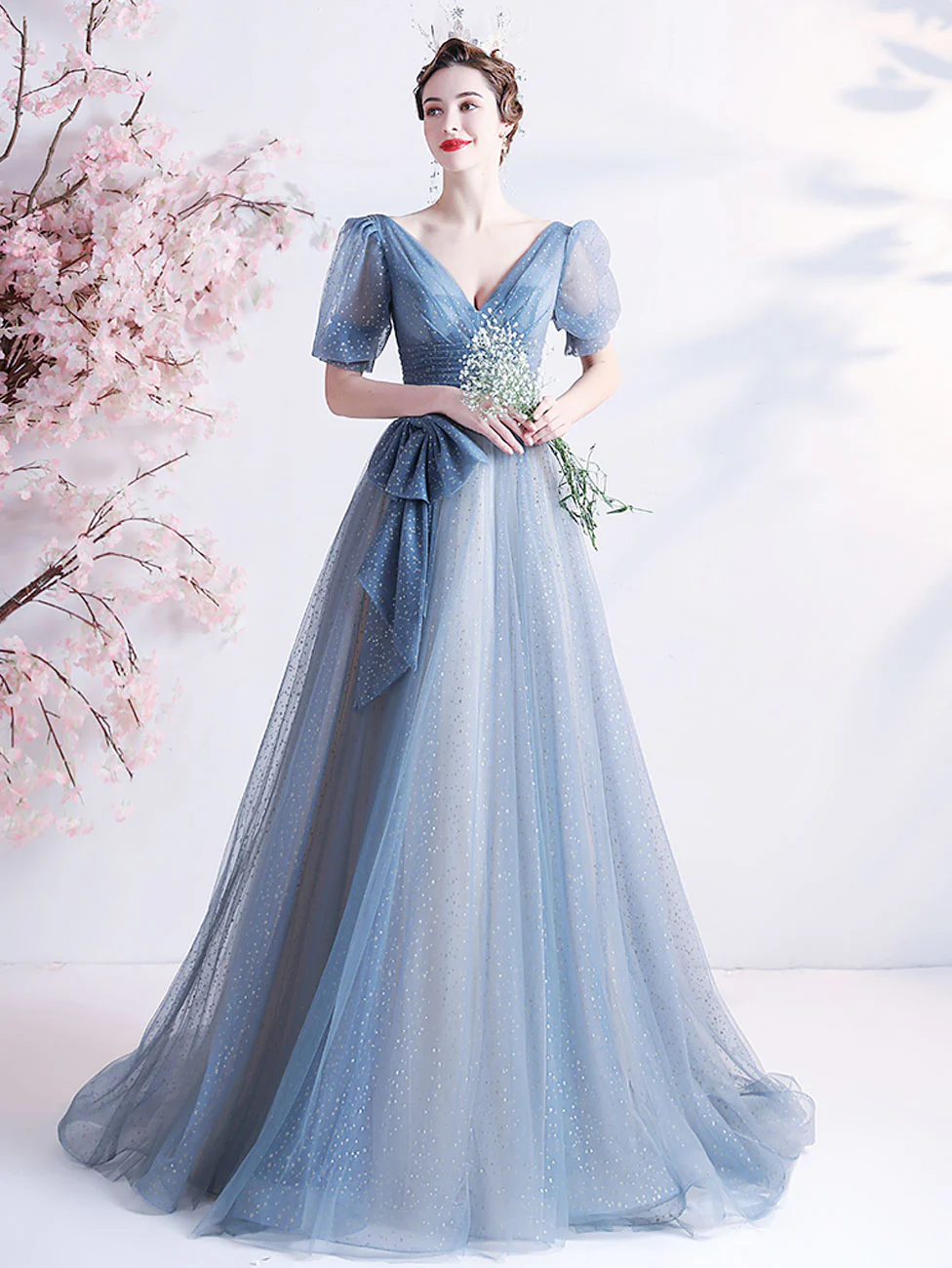 A-Line V Neck Tulle Gray Blue Long Prom Dress, Gray Blue Formal Dresses - Deanwangkt