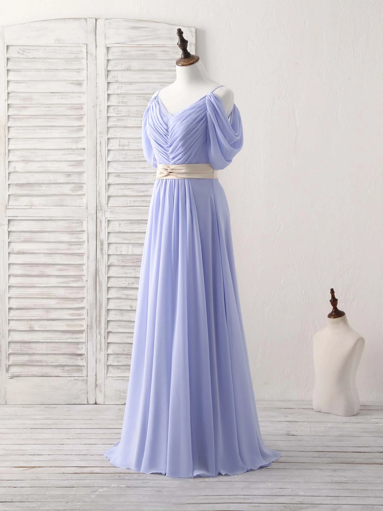 Simple V Neck Off Shoulder Chiffon Long Prom Dress Evening Dress - Deanwangkt