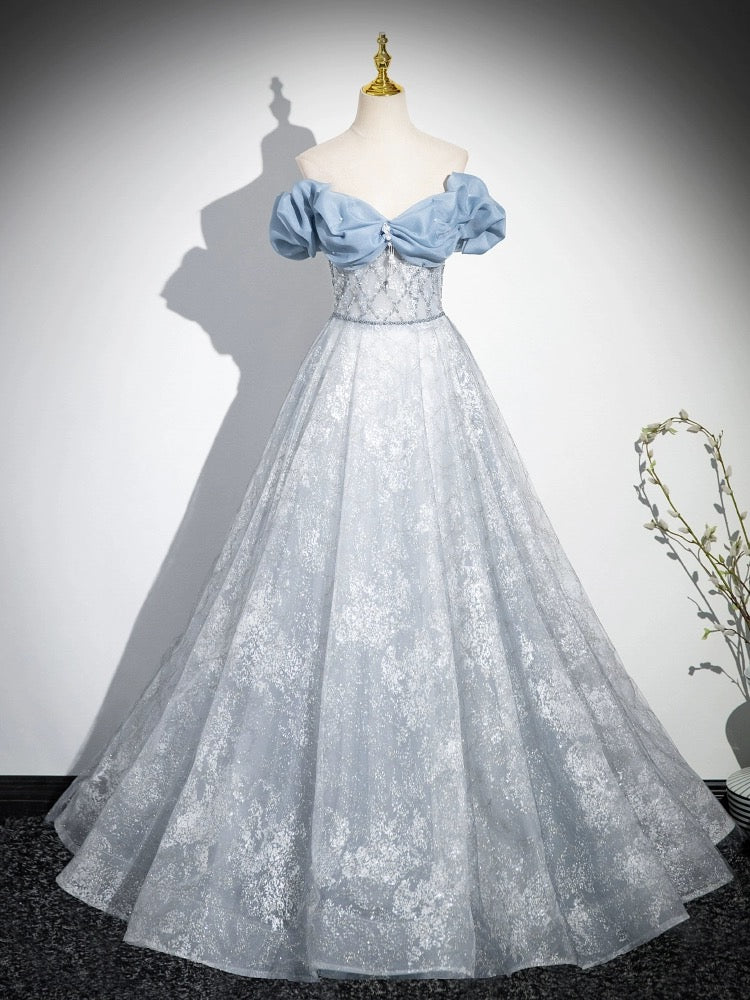 A-Line Off Shoulder Tulle Lace Beads Blue Long Prom Dress, Blue Long Formal Dress - Deanwangkt