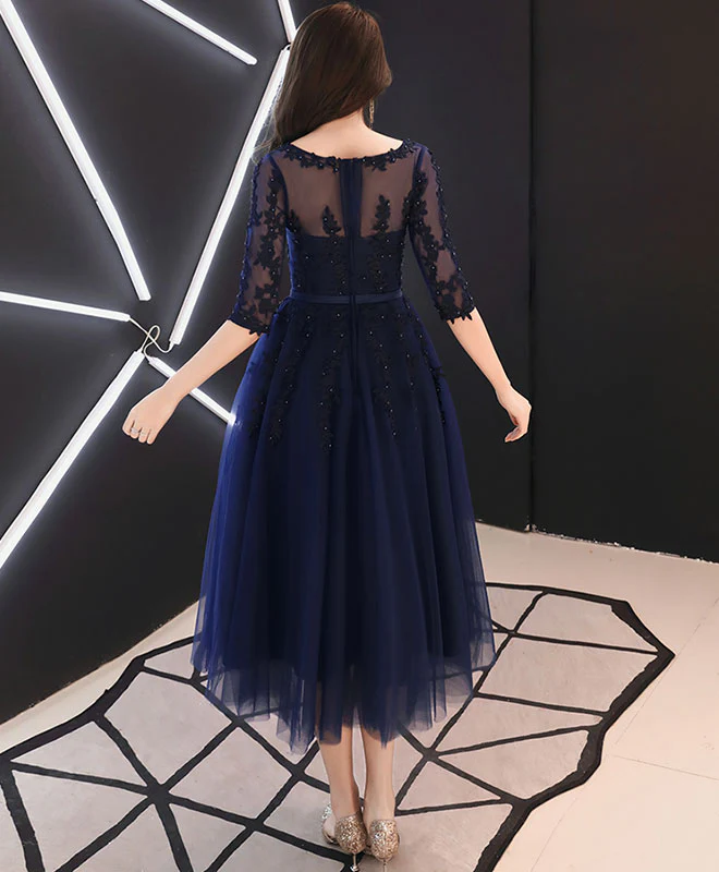 Blue Round Neck Tulle Lace Prom Dresses, Tea Length Blue Homecoming Dresses - Deanwangkt