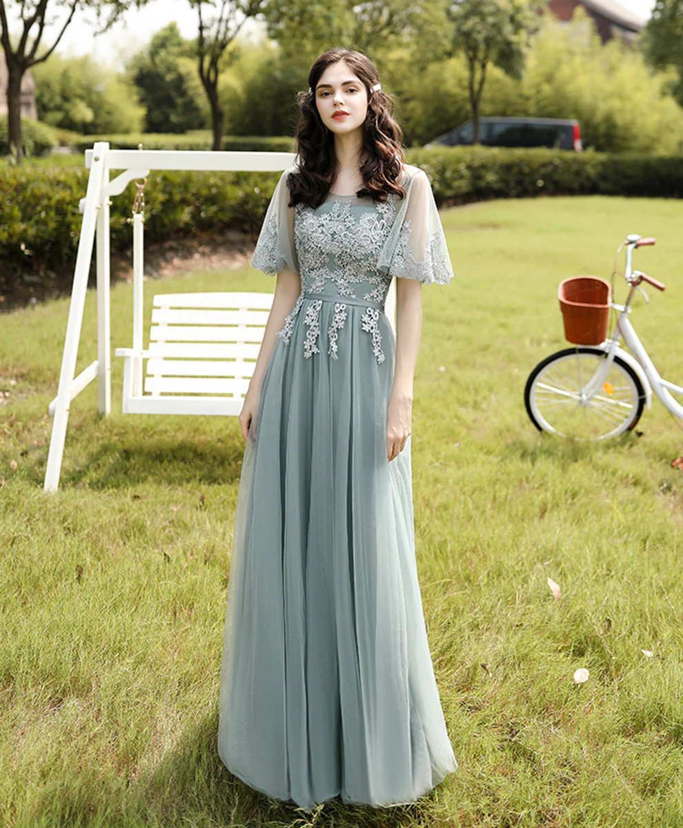 Green Tulle Lace Long Prom Dress, Green Tulle Lace Bridesmaid Dress - Deanwangkt