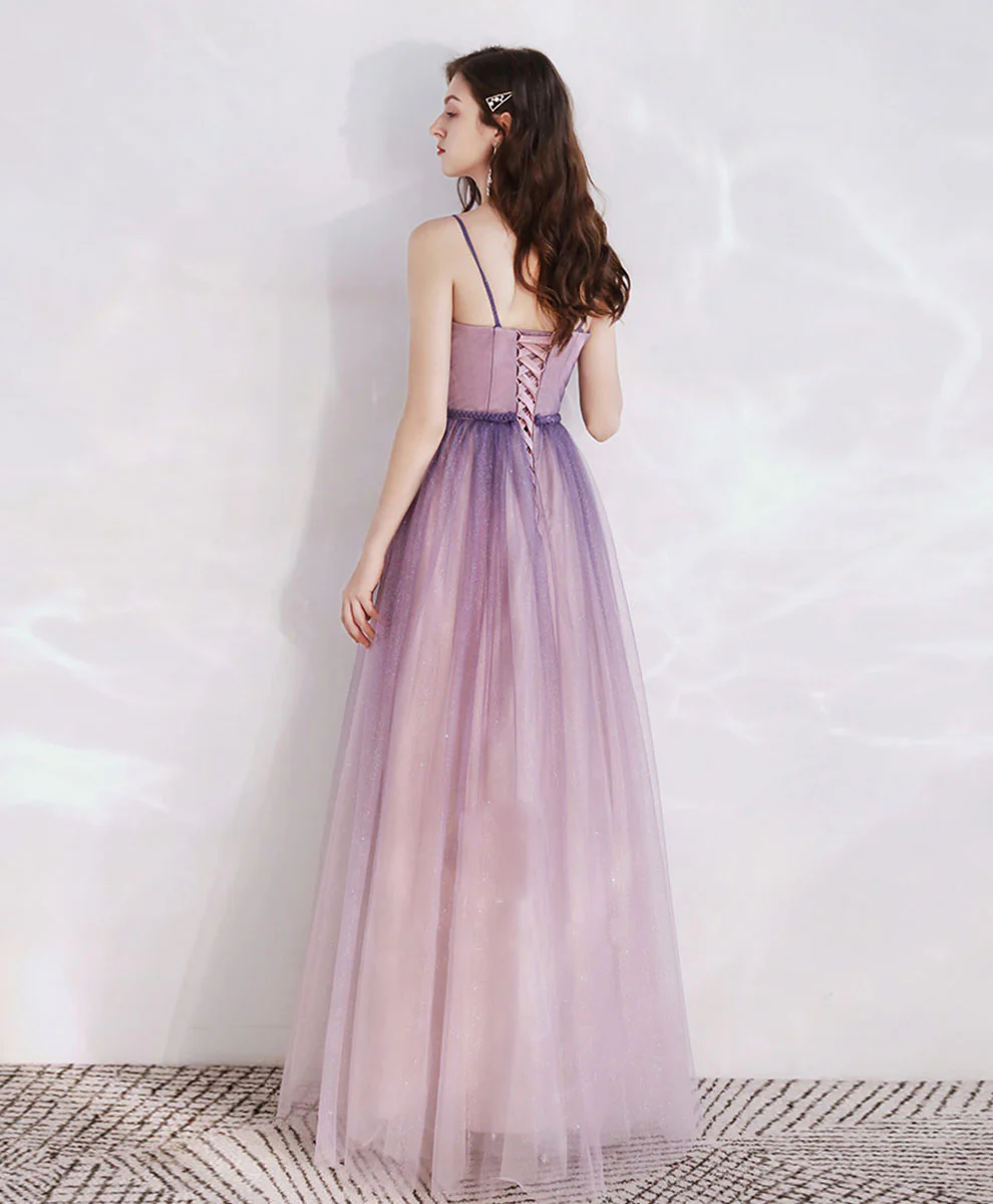 Purple Aline Tulle Long Prom Dress, Tulle Long Purple Evening Dress - Deanwangkt
