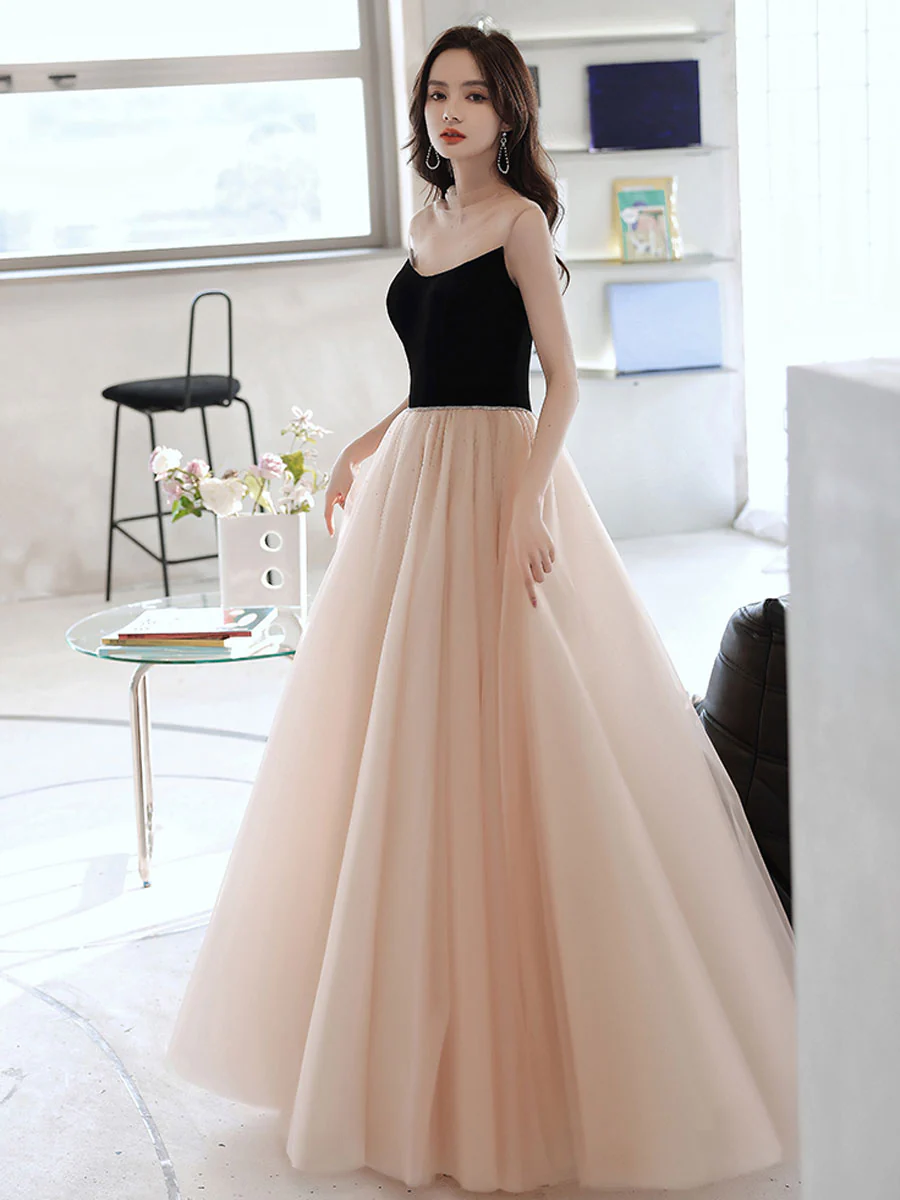 Simple Champagne Long Prom Dresses, Champagne Tulle Formal Dresses - Deanwangkt