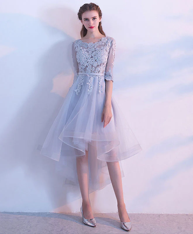 Gray Lace Tulle High Low Prom Dress, Gray Bridesmaid Dress - Deanwangkt