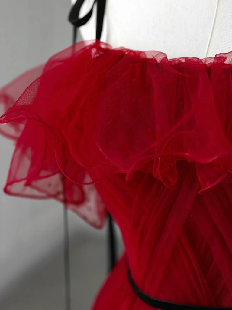 A-Line Tulle Burgundy Long Prom Dress, Burgundy Long Formal Dress - Deanwangkt