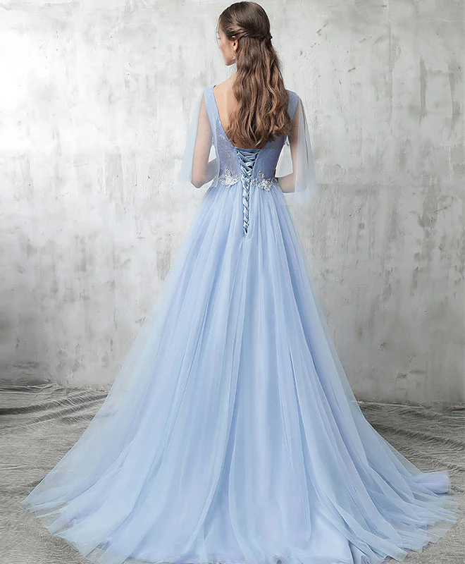 Blue V Neck Tulle Lace Applique Long Prom Dress, Blue Evening Dress - Deanwangkt