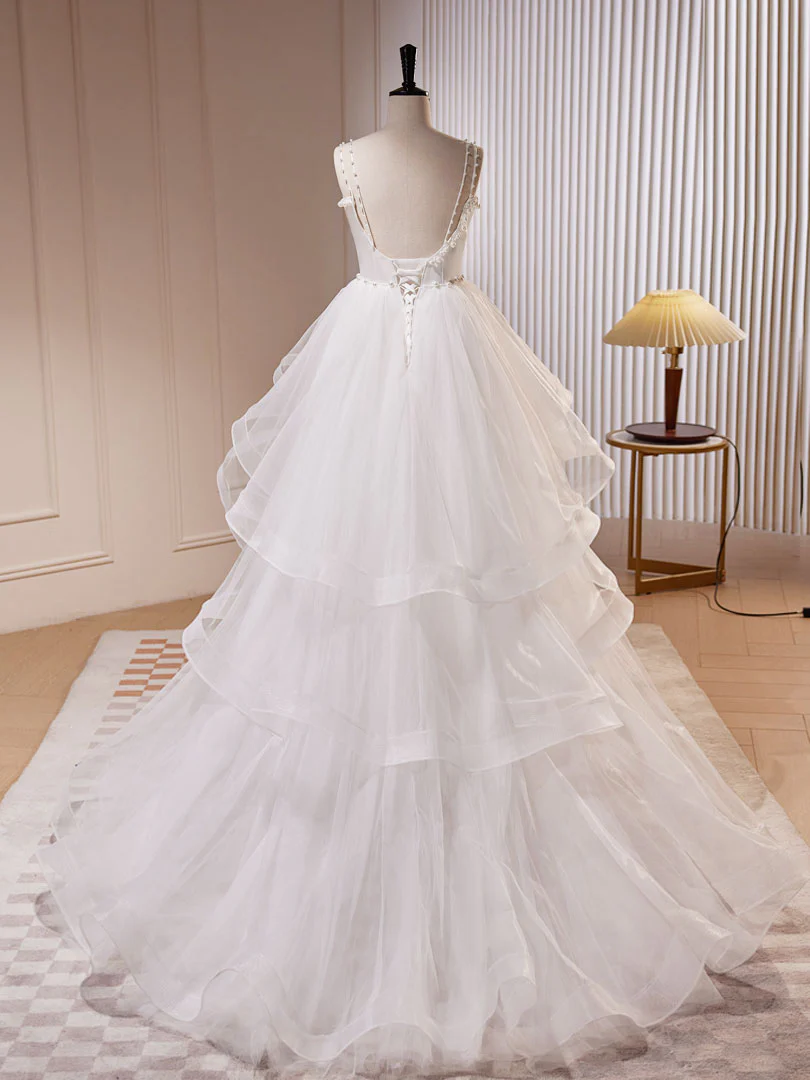 White A-Line Tulle Long Prom Dress, White Tulle Sweet 16 Dresses - Deanwangkt