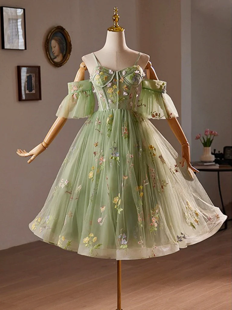 A-Line Off Shoulder Sweetheart Neck Tulle Lace Green Short Prom Dress - Deanwangkt