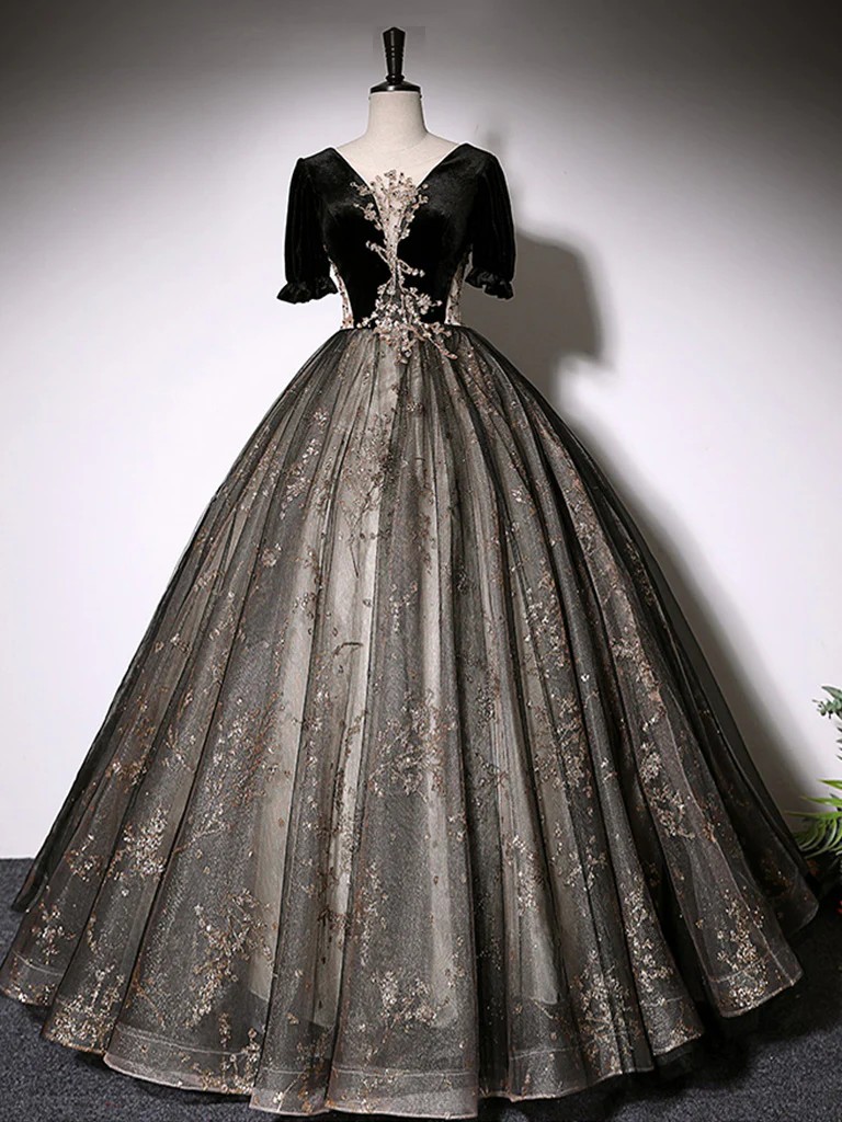 Black A-Line Tulle Lace Long Prom Dress, Black Lace Formal Dress - Deanwangkt