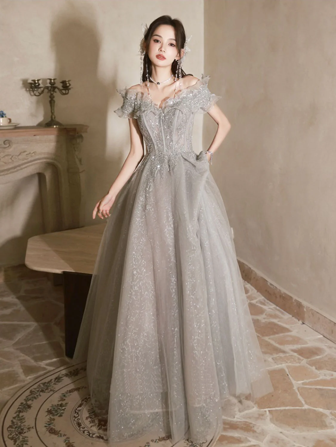 A-Line Off Shoulder Tulle Sequin Gray Long Prom Dress, Gray Formal Dress - Deanwangkt