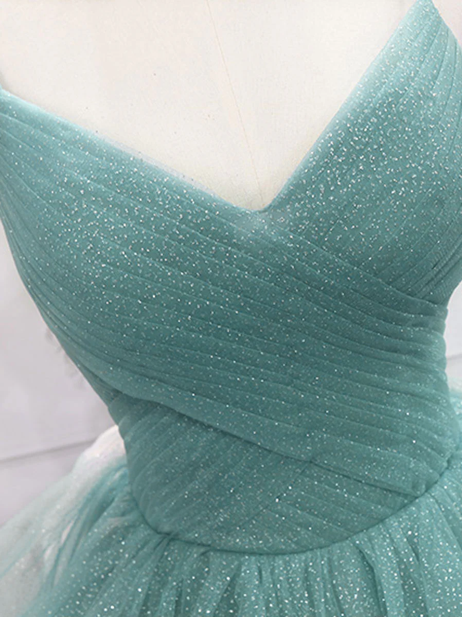 Green V Neck Tulle Long Prom Dress, Green Sweet 16 Dress - Deanwangkt