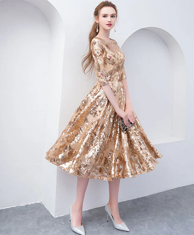 Gold Round Neck Sequin Short Prom Dress, Gold Homecoming Dress - Deanwangkt