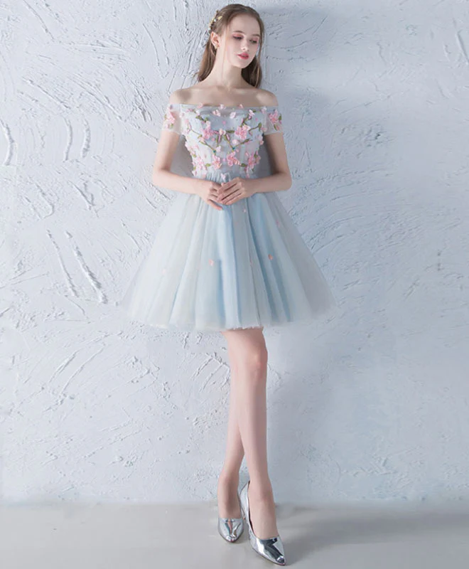 Gray Blue Tulle Lace Applique Short Prom Dress, Homecoming Dress - Deanwangkt