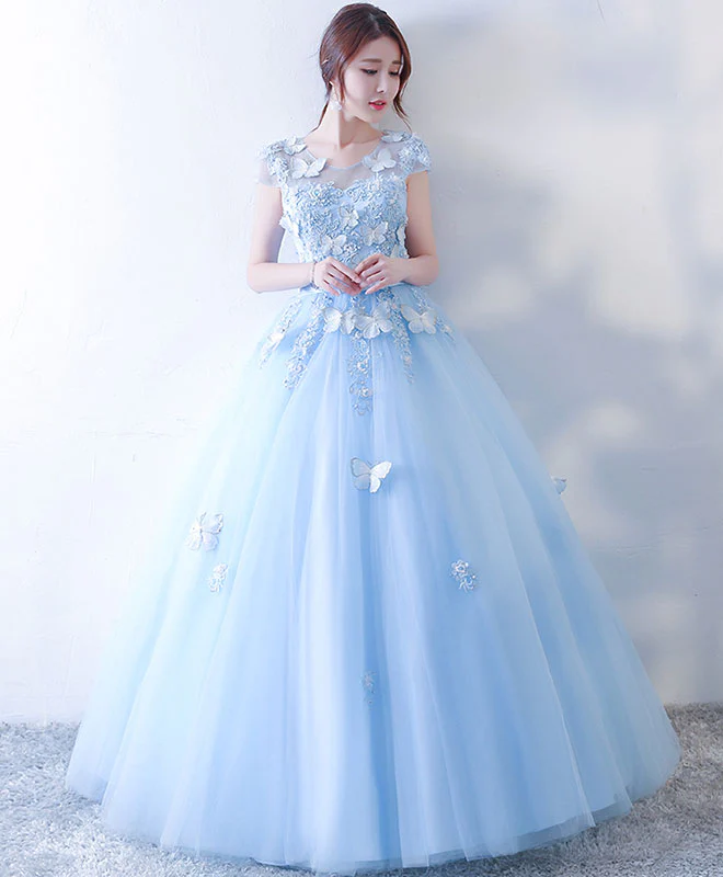 Blue Tulle Lace Long Prom Dress, Blue Sweet 16 Dress - Deanwangkt