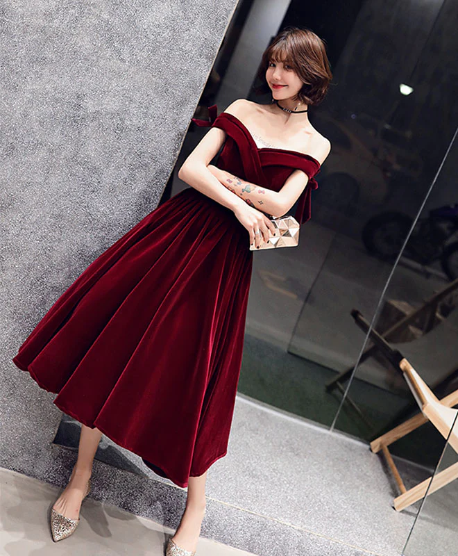 Velvet Off Shoulder Burgundy Prom Dresses, Velvet Homecoming Dresses - Deanwangkt