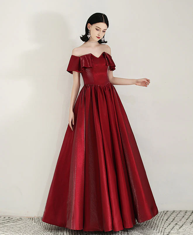 Simple Sweetheart Satin Burgundy Long Prom Dress Evening Dress - Deanwangkt