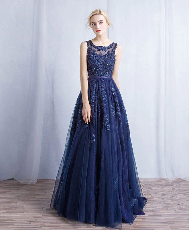 Dark Blue Round Neck Tulle Lace Applique Long Prom Dress - Deanwangkt