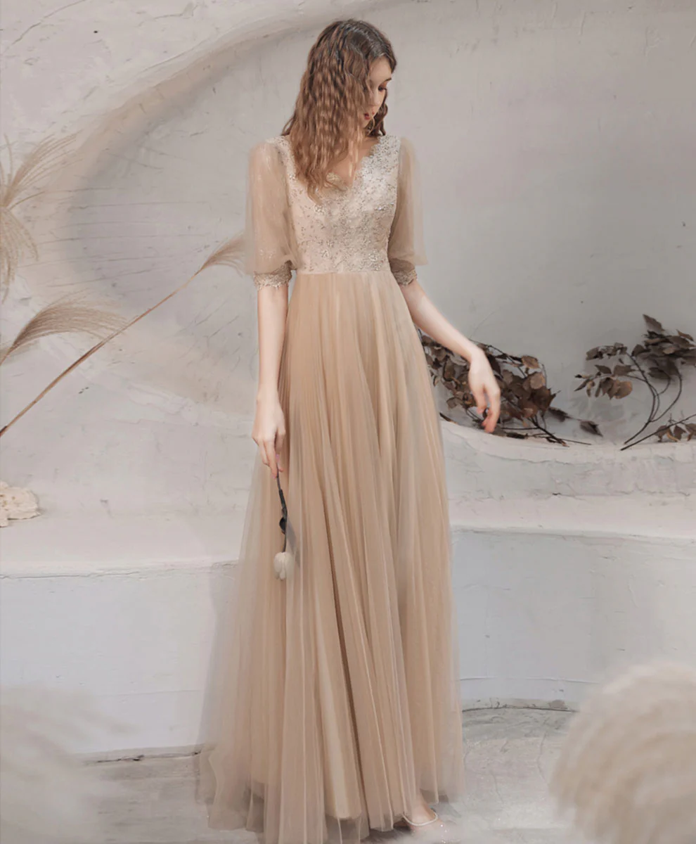 Champagne High Neck Tulle Lace Long Prom Dress, Champagne Graduation Dress - Deanwangkt