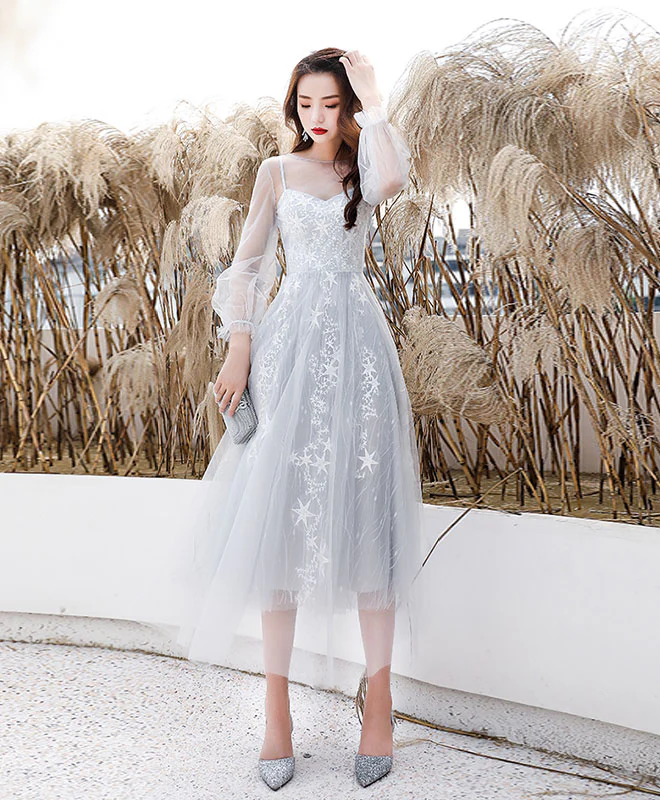 Gray Tulle Lace Short Prom Dress Gray Homecoming Dress - Deanwangkt