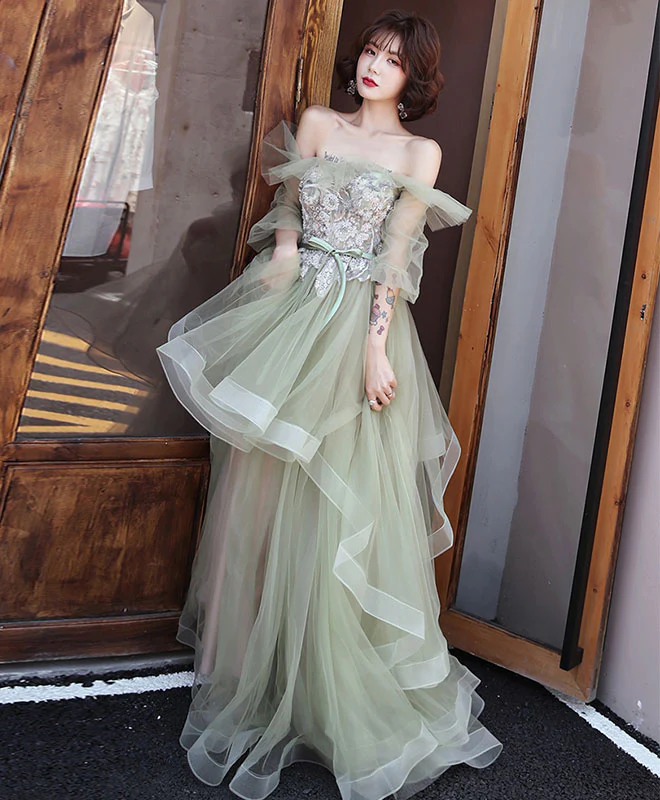 Green Tulle Lace Long Prom Dress, Green Tulle Evening Dress - Deanwangkt