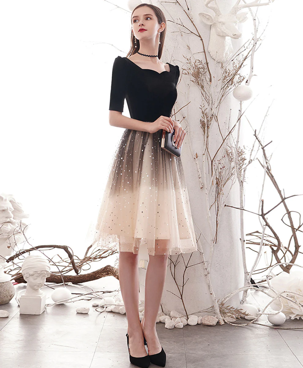 Champagne Tulle Sequin Short Prom Dress Champagne Homecoming Dress - Deanwangkt