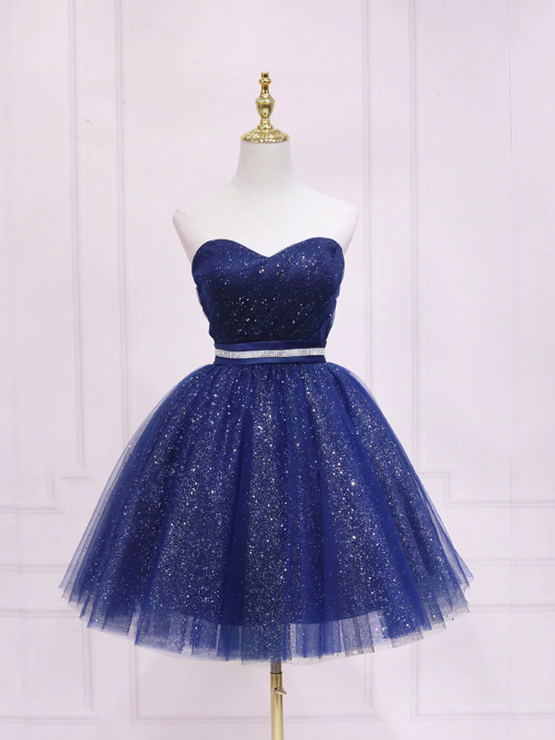 Dark Blue Sweetheart Neck Tulle Sequin Short Prom Dress Blue Puffy Homecoming Dress - Deanwangkt