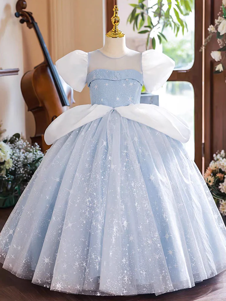 A-Line Puff Sleeves Tulle Lace Blue Long Flower Girl Dress - Deanwangkt