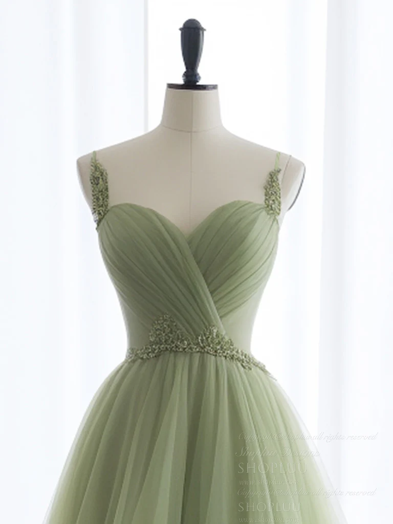 A-Line Sweetheart Neck Tulle Green Long Prom Dress, Green Long Formal Dress - Deanwangkt