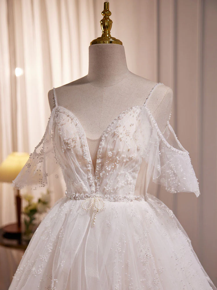 Beige A-line Tulle Beading Long Prom Dress, Beige Formal Dress - Deanwangkt