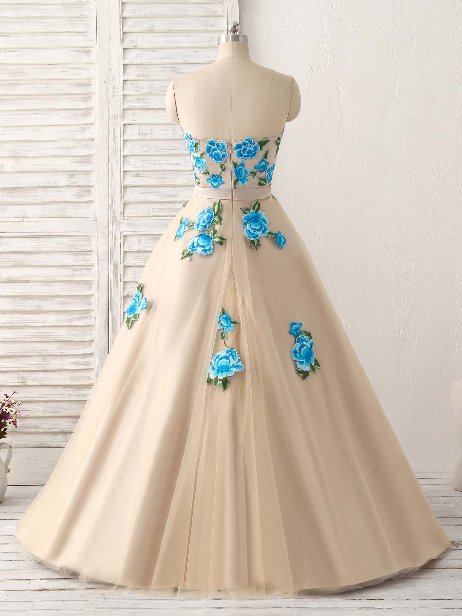 Champagne Tulle Lace Applique Long Prom Dress, Champagne Evening Dress - Deanwangkt