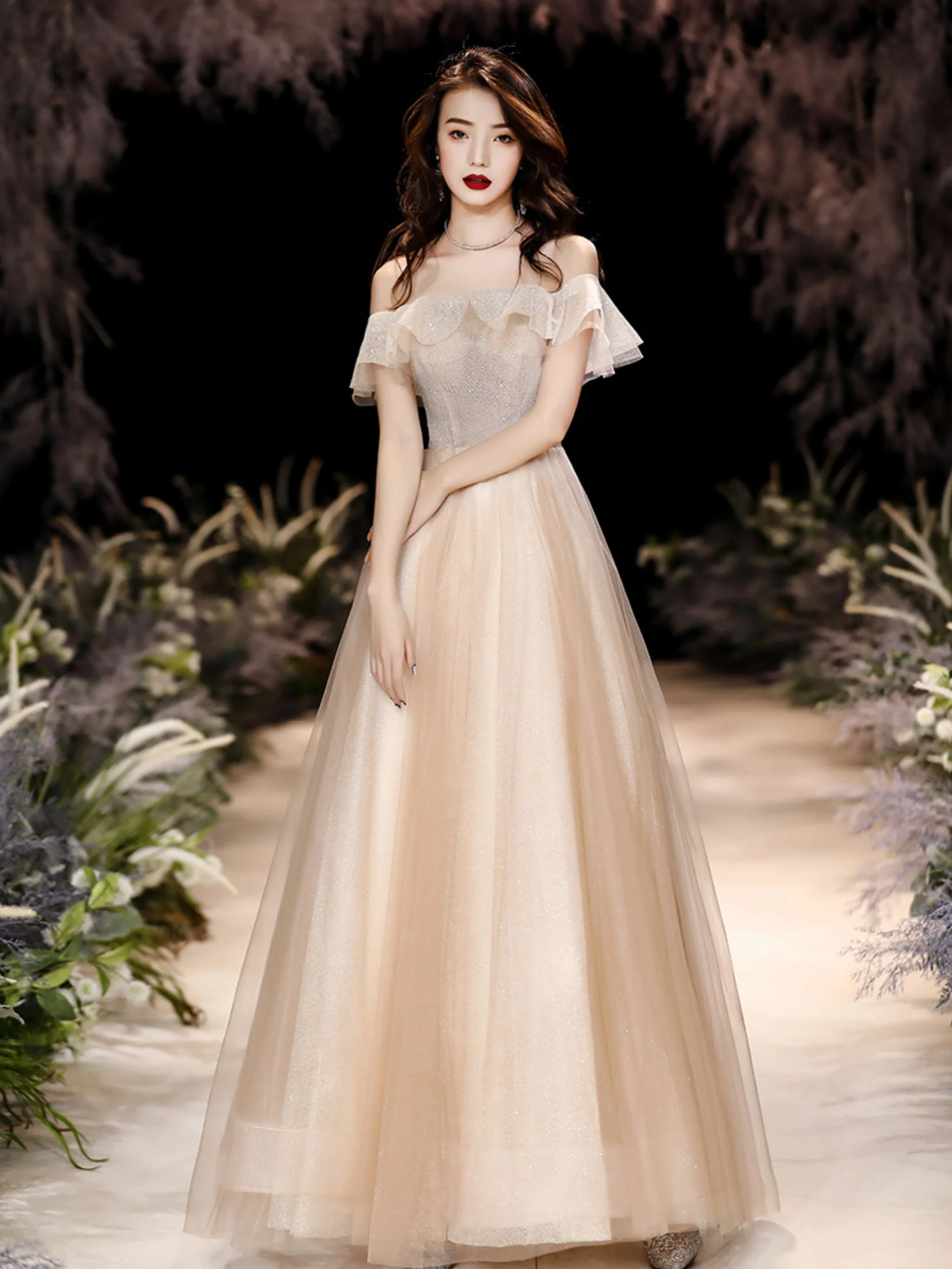 Champagne Tulle Sequin Long Prom Dress, Tulle Formal Dress - Deanwangkt