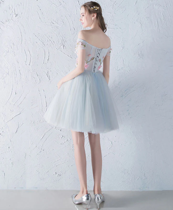Gray Blue Tulle Lace Applique Short Prom Dress, Homecoming Dress - Deanwangkt