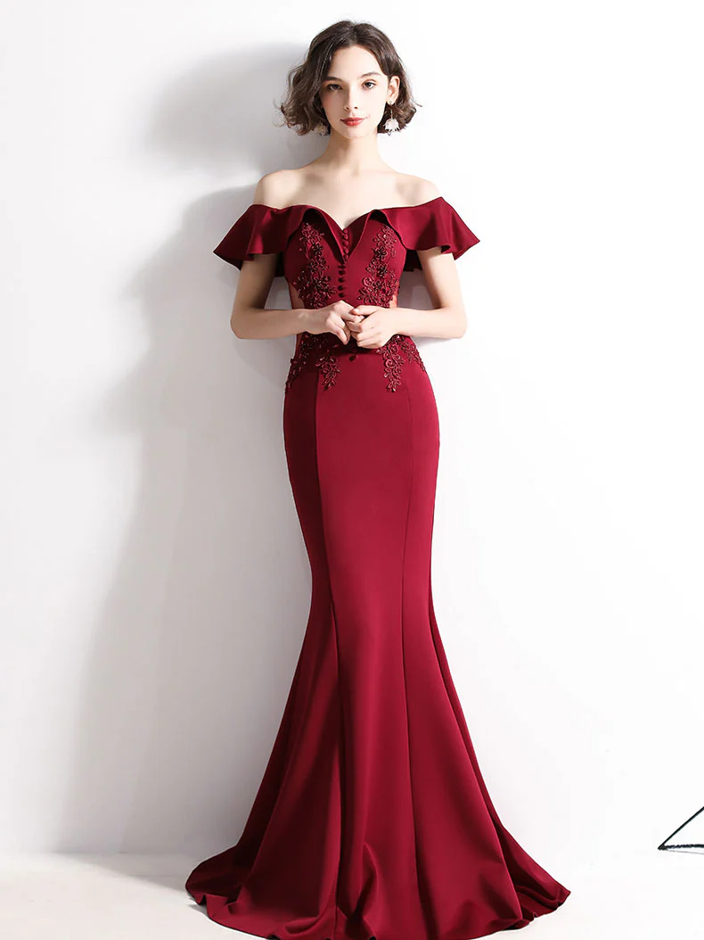 Burgundy Off Shoulder Satin Lace Long Prom Dress, Burgundy Evening Dresses - Deanwangkt