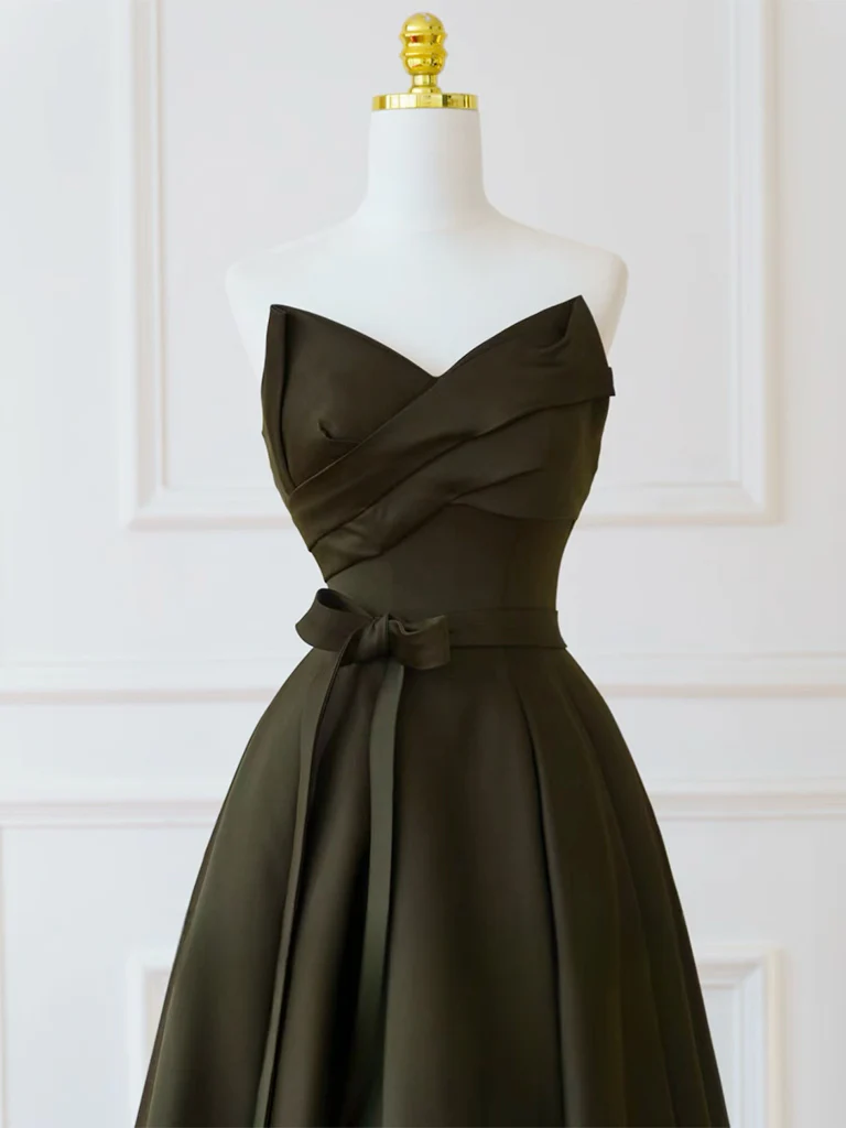 A-Line V Neck Satin Olive Green Long Prom Dress, Satin Long Formal Dress - Deanwangkt