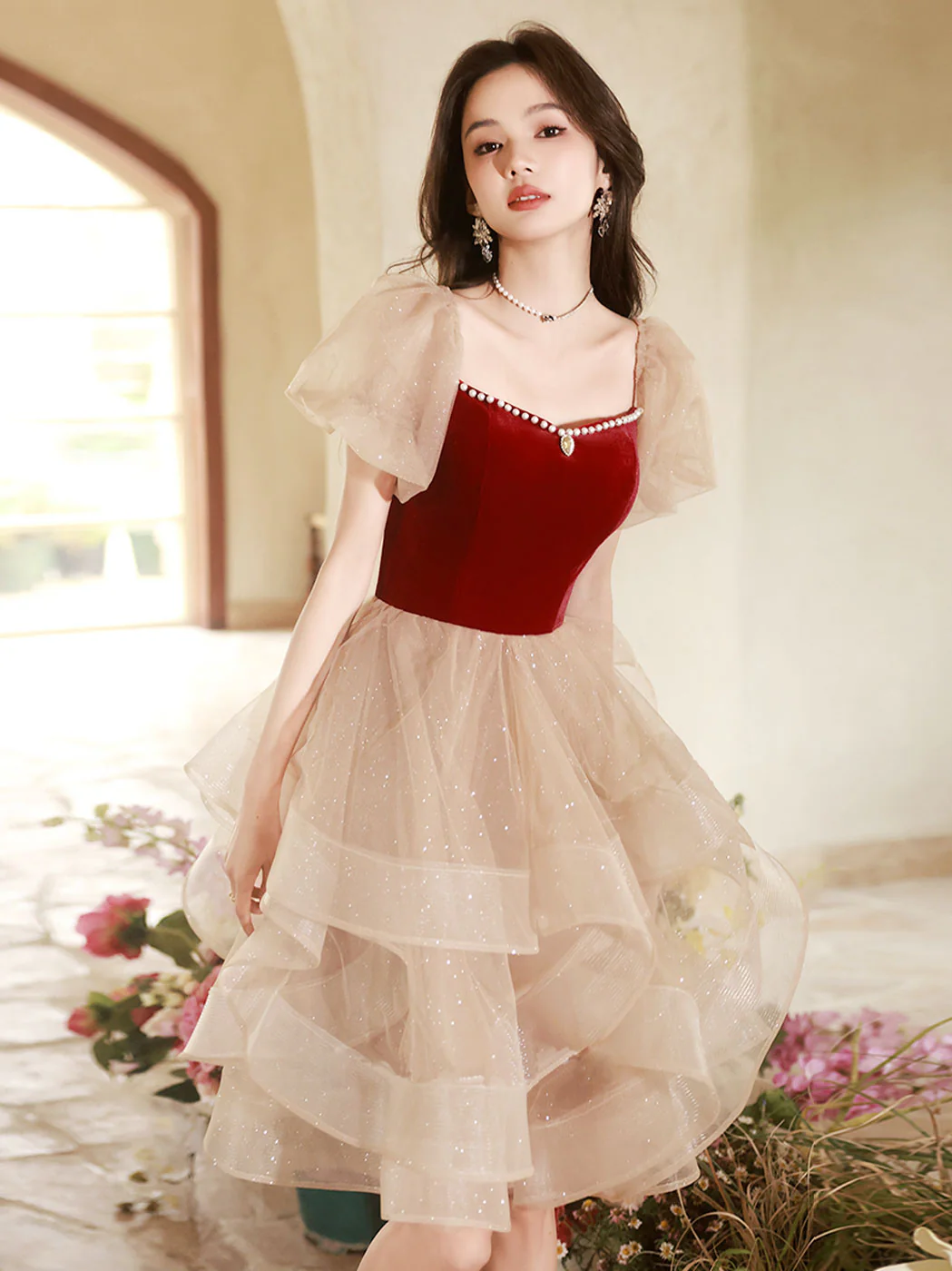 Champagne/Burgundy Tulle Short Prom Dress, Champagne/Burgundy Homecoming Dress - Deanwangkt