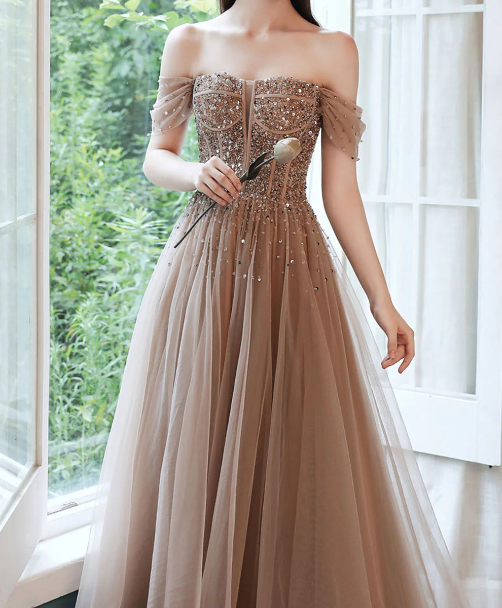 Champagne Tulle Sequin Beads Long Prom Dress Tulle Formal Dress - Deanwangkt